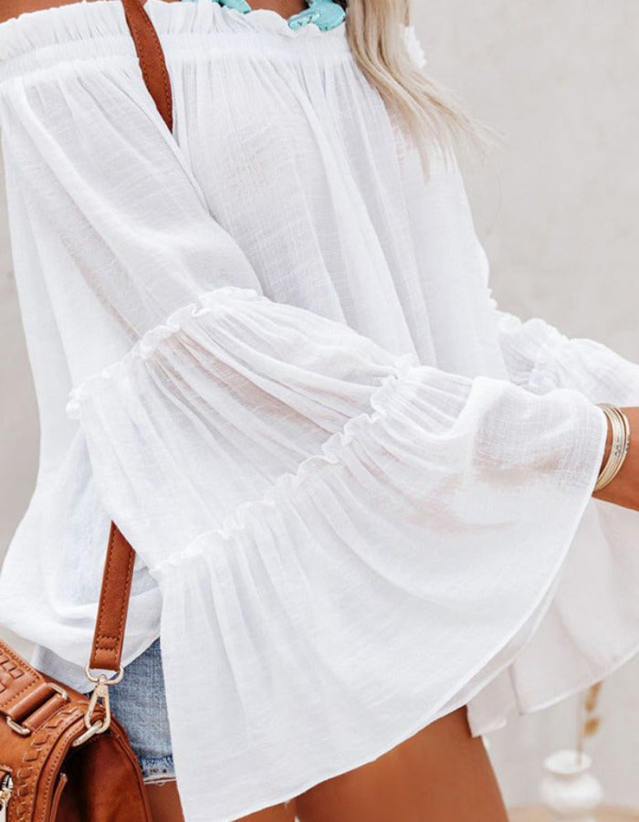 SHOPIQAT Women's Slub Cotton Women's Flared Sleeve One-Line Neck Top - Premium  from shopiqat - Just $4.900! Shop now at shopiqat