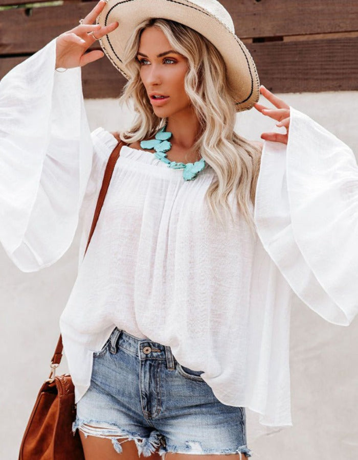 SHOPIQAT Women's Slub Cotton Women's Flared Sleeve One-Line Neck Top - Premium  from shopiqat - Just $6.900! Shop now at shopiqat