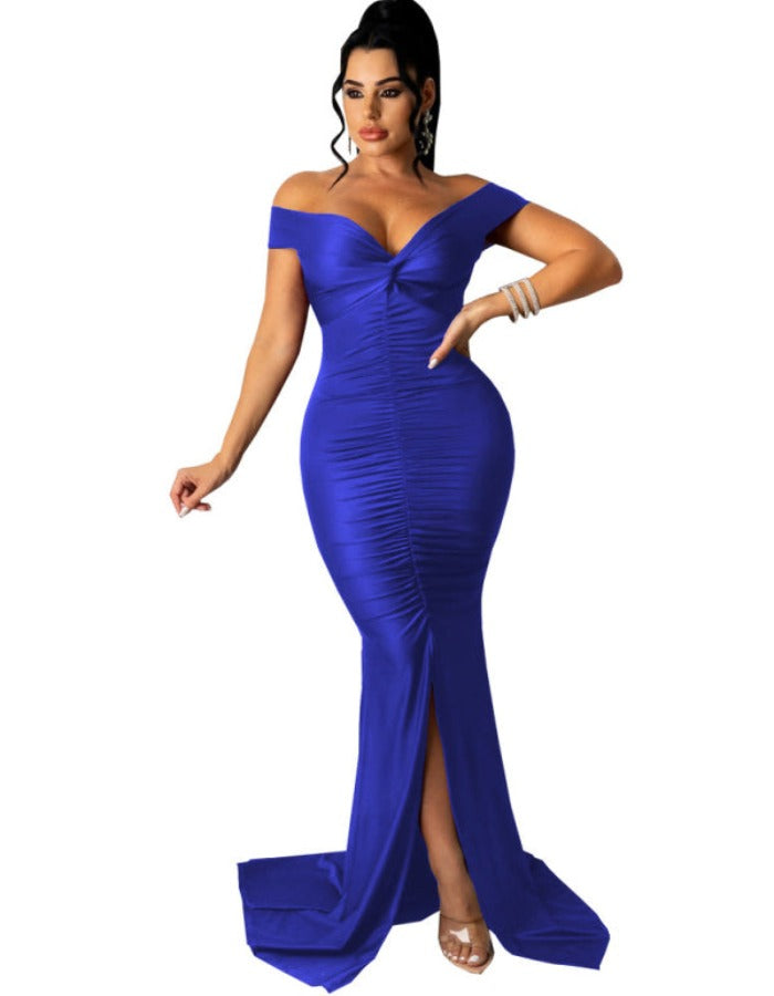SHOPIQAT Women's Solid Colour Big V Neck Skinny Ruched Dress - Premium  from shopiqat - Just $12.900! Shop now at shopiqat