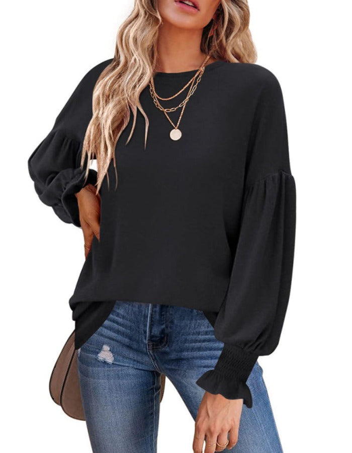 SHOPIQAT Round Neck Pleated Balloon Sleeve Long Sleeve Top - Premium  from shopiqat - Just $10.250! Shop now at shopiqat