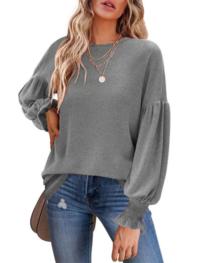SHOPIQAT Round Neck Pleated Balloon Sleeve Long Sleeve Top - Premium  from shopiqat - Just $10.250! Shop now at shopiqat