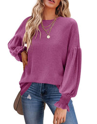 SHOPIQAT Round Neck Pleated Balloon Sleeve Long Sleeve Top - Premium  from shopiqat - Just $10.250! Shop now at shopiqat