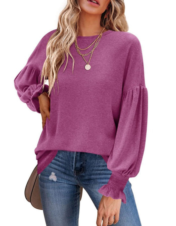 SHOPIQAT Round Neck Pleated Balloon Sleeve Long Sleeve Top - Premium  from shopiqat - Just $10.250! Shop now at shopiqat