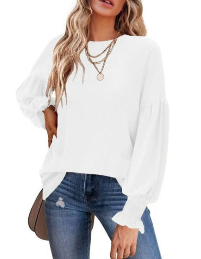 SHOPIQAT Round Neck Pleated Balloon Sleeve Long Sleeve Top - Premium  from shopiqat - Just $10.250! Shop now at shopiqat