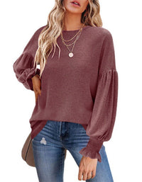 SHOPIQAT Round Neck Pleated Balloon Sleeve Long Sleeve Top - Premium  from shopiqat - Just $10.250! Shop now at shopiqat