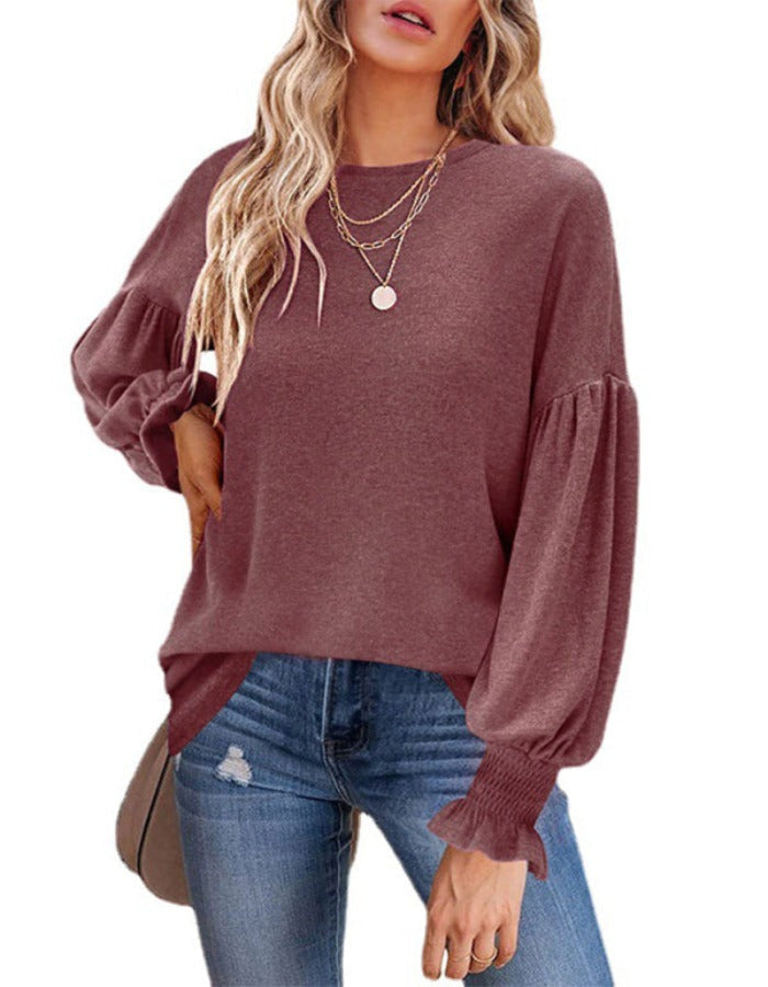 SHOPIQAT Round Neck Pleated Balloon Sleeve Long Sleeve Top - Premium  from shopiqat - Just $10.250! Shop now at shopiqat