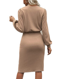SHOPIQAT Threaded Waist Lantern Long-Sleeved Knitted Split Hip Dress - Premium Dresses from shopiqat - Just $10.900! Shop now at shopiqat