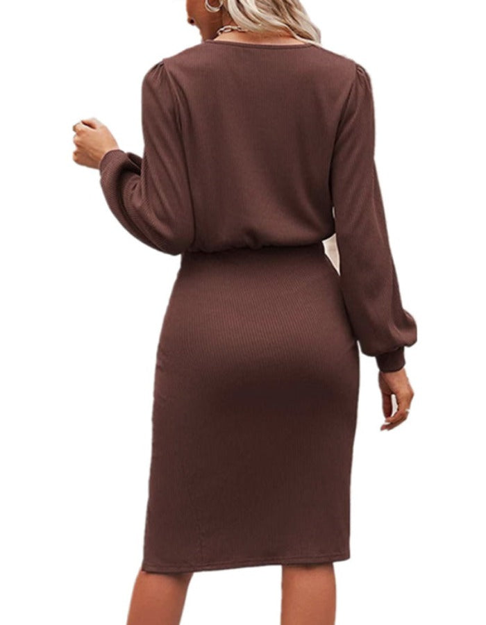 SHOPIQAT Threaded Waist Lantern Long-Sleeved Knitted Split Hip Dress - Premium Dresses from shopiqat - Just $10.900! Shop now at shopiqat
