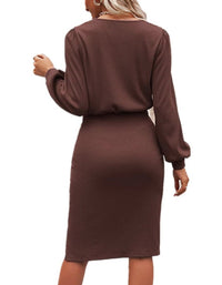 SHOPIQAT Threaded Waist Lantern Long-Sleeved Knitted Split Hip Dress - Premium Dresses from shopiqat - Just $10.900! Shop now at shopiqat