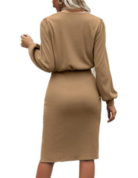 SHOPIQAT Threaded Waist Lantern Long-Sleeved Knitted Split Hip Dress - Premium Dresses from shopiqat - Just $10.900! Shop now at shopiqat