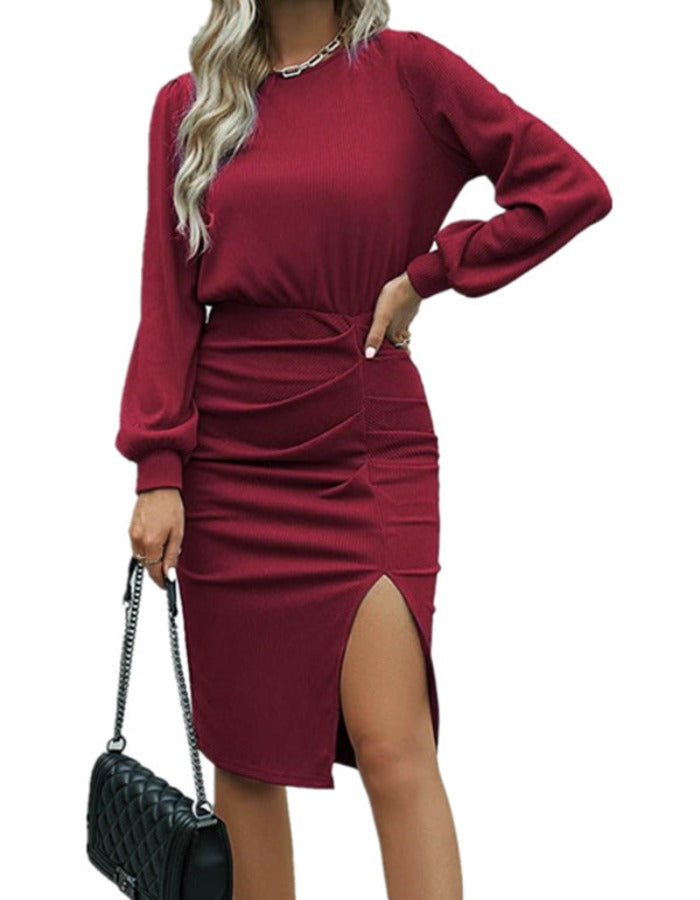 SHOPIQAT Threaded Waist Lantern Long-Sleeved Knitted Split Hip Dress - Premium Dresses from shopiqat - Just $10.900! Shop now at shopiqat