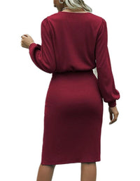 SHOPIQAT Threaded Waist Lantern Long-Sleeved Knitted Split Hip Dress - Premium Dresses from shopiqat - Just $10.900! Shop now at shopiqat