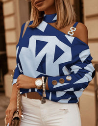 SHOPIQAT Check Geometric Pattern Print Long Sleeve Chain Halter Print Button Top - Premium  from shopiqat - Just $7.900! Shop now at shopiqat