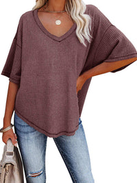 SHOPIQAT New V Neck Dolman Sleeve Waffle Knit Loose Solid Color Short Sleeve T-Shirt - Premium  from shopiqat - Just $7.500! Shop now at shopiqat