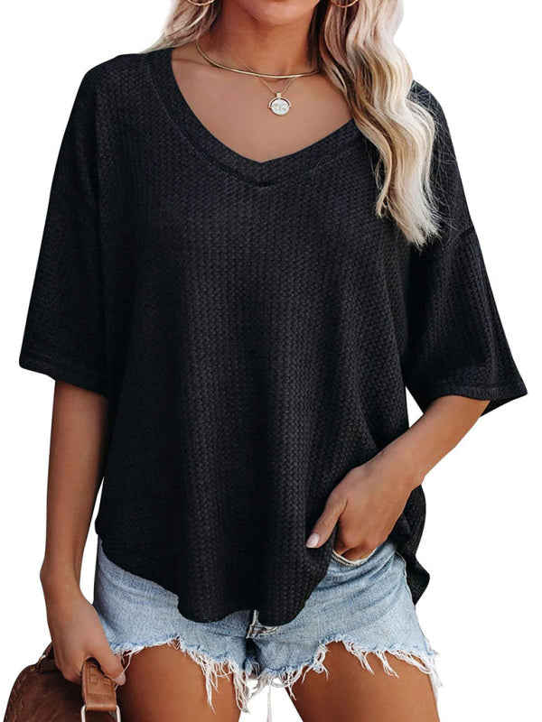 SHOPIQAT New V Neck Dolman Sleeve Waffle Knit Loose Solid Color Short Sleeve T-Shirt - Premium  from shopiqat - Just $7.500! Shop now at shopiqat