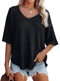 SHOPIQAT New V Neck Dolman Sleeve Waffle Knit Loose Solid Color Short Sleeve T-Shirt - Premium  from shopiqat - Just $7.500! Shop now at shopiqat