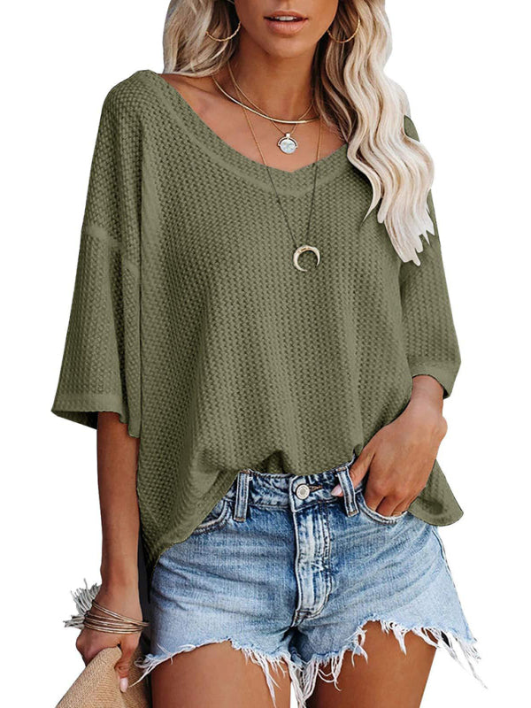 SHOPIQAT New V Neck Dolman Sleeve Waffle Knit Loose Solid Color Short Sleeve T-Shirt - Premium  from shopiqat - Just $7.500! Shop now at shopiqat