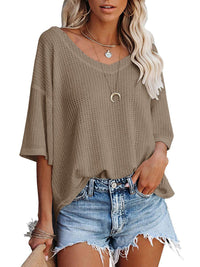 SHOPIQAT New V Neck Dolman Sleeve Waffle Knit Loose Solid Color Short Sleeve T-Shirt - Premium  from shopiqat - Just $7.500! Shop now at shopiqat