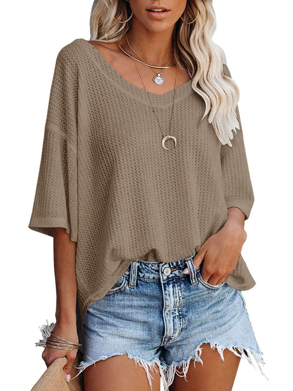 SHOPIQAT New V Neck Dolman Sleeve Waffle Knit Loose Solid Color Short Sleeve T-Shirt - Premium  from shopiqat - Just $7.500! Shop now at shopiqat