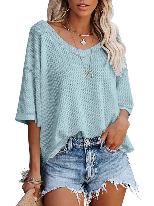 SHOPIQAT New V Neck Dolman Sleeve Waffle Knit Loose Solid Color Short Sleeve T-Shirt - Premium  from shopiqat - Just $7.500! Shop now at shopiqat