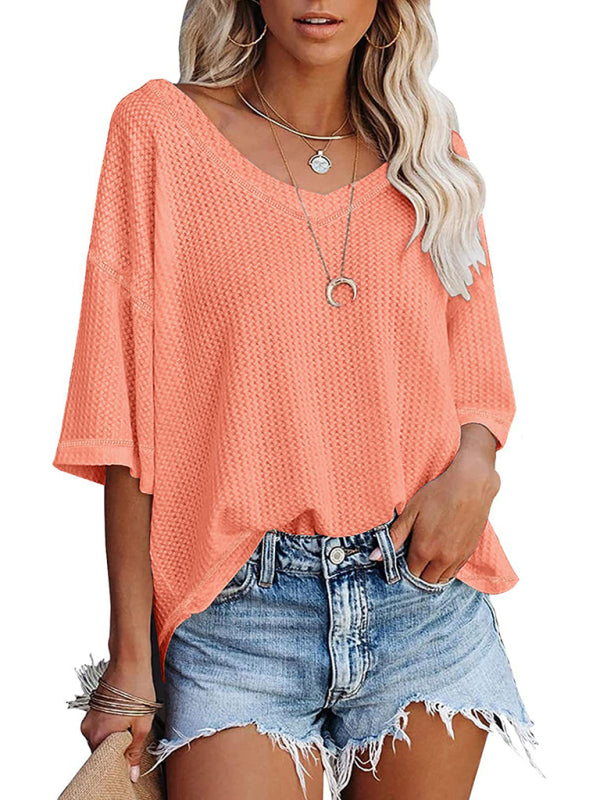 SHOPIQAT New V Neck Dolman Sleeve Waffle Knit Loose Solid Color Short Sleeve T-Shirt - Premium  from shopiqat - Just $7.500! Shop now at shopiqat