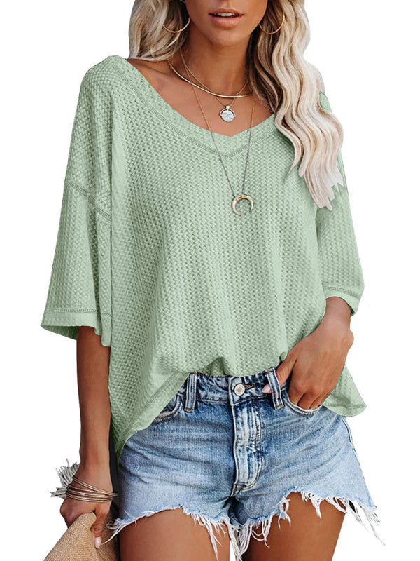 SHOPIQAT New V Neck Dolman Sleeve Waffle Knit Loose Solid Color Short Sleeve T-Shirt - Premium  from shopiqat - Just $7.500! Shop now at shopiqat