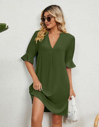 SHOPIQAT Solid Colour V-Neck Loose Gathered Five-Quarter Sleeve Dress - Premium Dresses from shopiqat - Just $8.900! Shop now at shopiqat