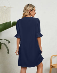 SHOPIQAT Solid Colour V-Neck Loose Gathered Five-Quarter Sleeve Dress - Premium Dresses from shopiqat - Just $8.900! Shop now at shopiqat
