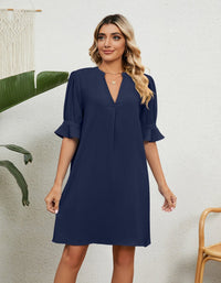 SHOPIQAT Solid Colour V-Neck Loose Gathered Five-Quarter Sleeve Dress - Premium Dresses from shopiqat - Just $8.900! Shop now at shopiqat