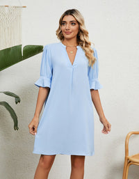 SHOPIQAT Solid Colour V-Neck Loose Gathered Five-Quarter Sleeve Dress - Premium Dresses from shopiqat - Just $8.900! Shop now at shopiqat