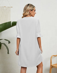 SHOPIQAT Solid Colour V-Neck Loose Gathered Five-Quarter Sleeve Dress - Premium Dresses from shopiqat - Just $8.900! Shop now at shopiqat