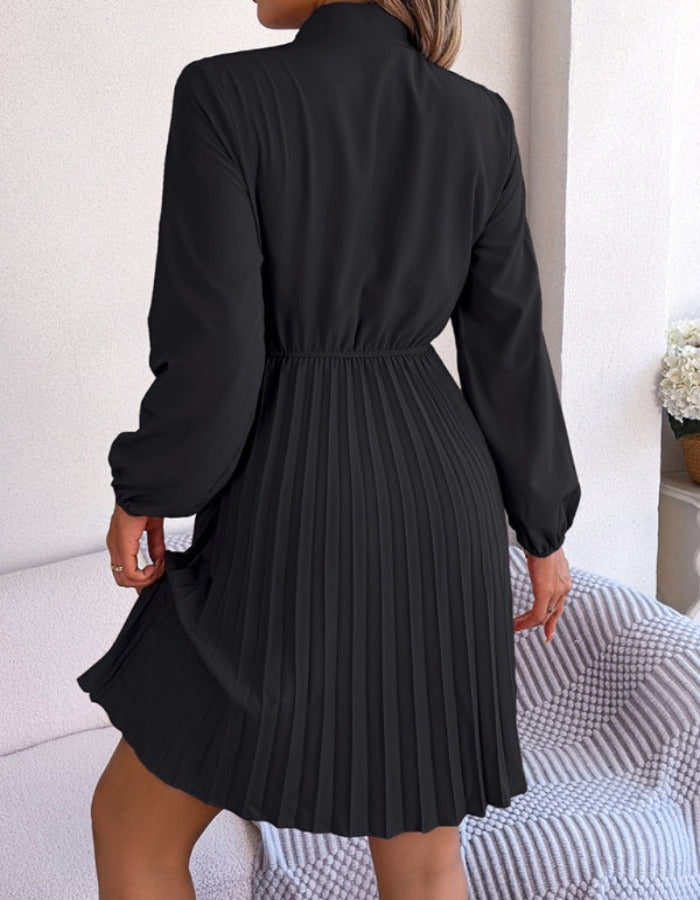 SHOPIQAT Autumn and Winter Temperament Tie Waist Long Sleeve Pleated Skirt - Premium Dresses from shopiqat - Just $8.900! Shop now at shopiqat