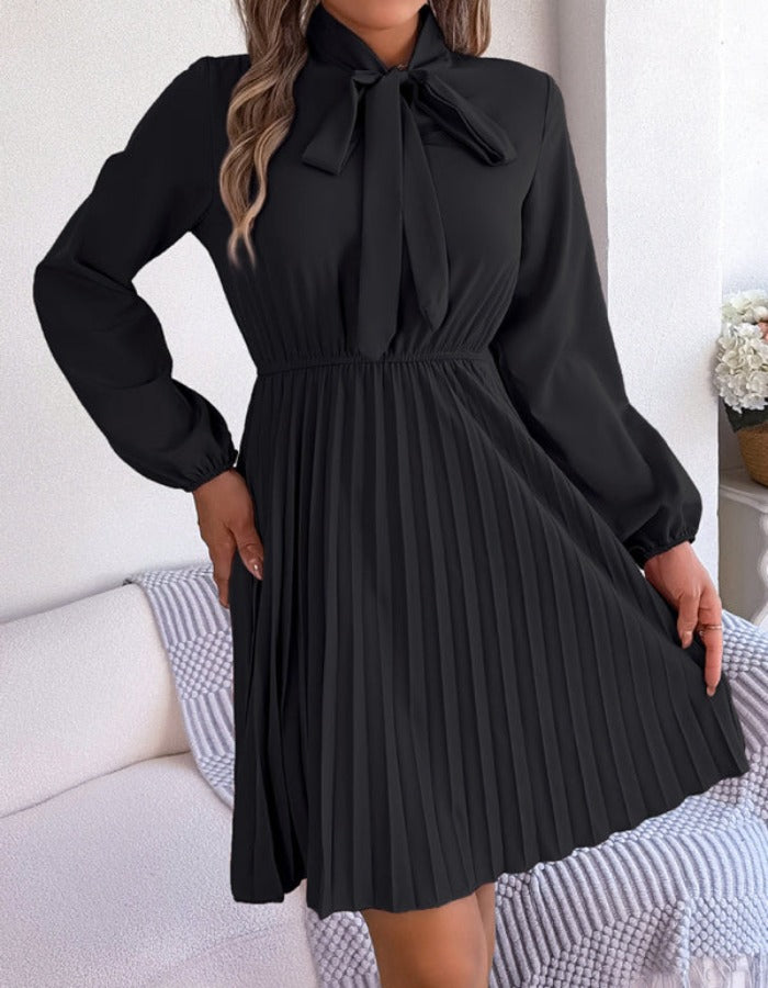 SHOPIQAT Autumn and Winter Temperament Tie Waist Long Sleeve Pleated Skirt - Premium Dresses from shopiqat - Just $8.900! Shop now at shopiqat