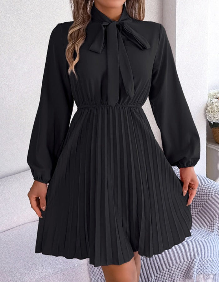 SHOPIQAT Autumn and Winter Temperament Tie Waist Long Sleeve Pleated Skirt - Premium Dresses from shopiqat - Just $8.900! Shop now at shopiqat