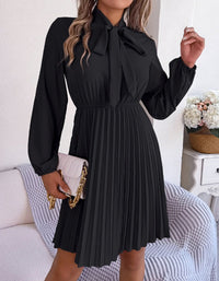 SHOPIQAT Autumn and Winter Temperament Tie Waist Long Sleeve Pleated Skirt - Premium Dresses from shopiqat - Just $8.900! Shop now at shopiqat
