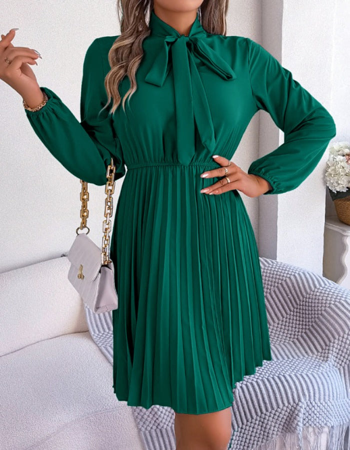 SHOPIQAT Autumn and Winter Temperament Tie Waist Long Sleeve Pleated Skirt - Premium Dresses from shopiqat - Just $8.900! Shop now at shopiqat