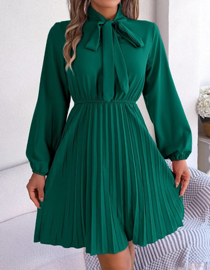 SHOPIQAT Autumn and Winter Temperament Tie Waist Long Sleeve Pleated Skirt - Premium Dresses from shopiqat - Just $8.900! Shop now at shopiqat