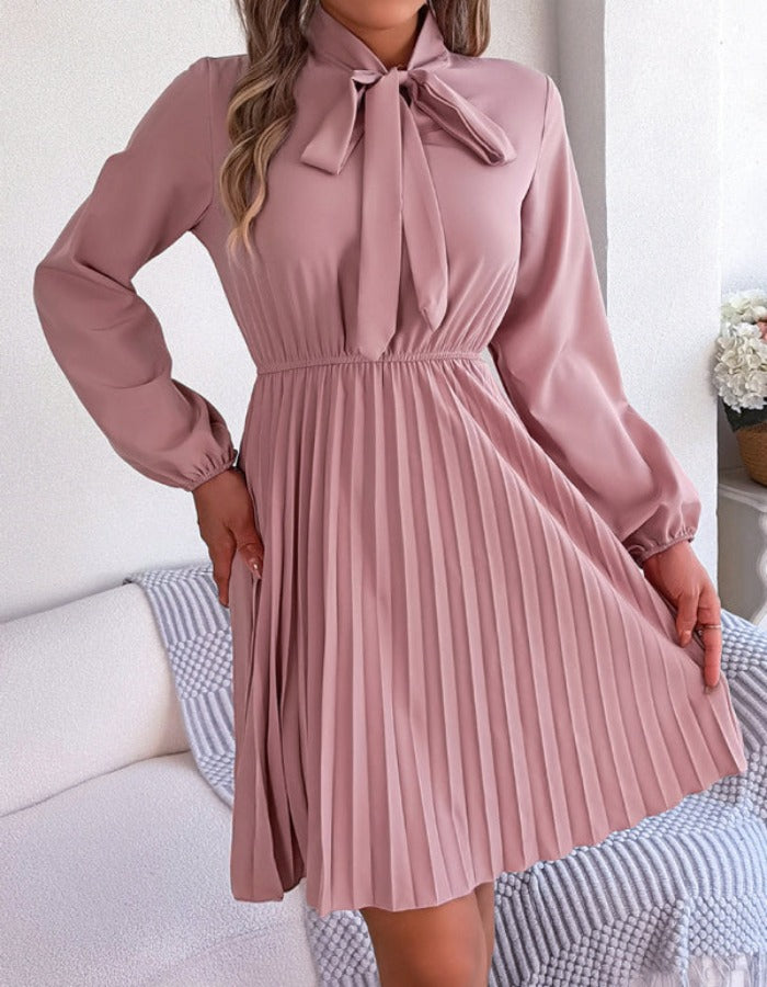 SHOPIQAT Autumn and Winter Temperament Tie Waist Long Sleeve Pleated Skirt - Premium Dresses from shopiqat - Just $8.900! Shop now at shopiqat