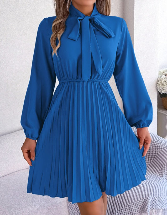 SHOPIQAT Autumn and Winter Temperament Tie Waist Long Sleeve Pleated Skirt - Premium Dresses from shopiqat - Just $8.900! Shop now at shopiqat