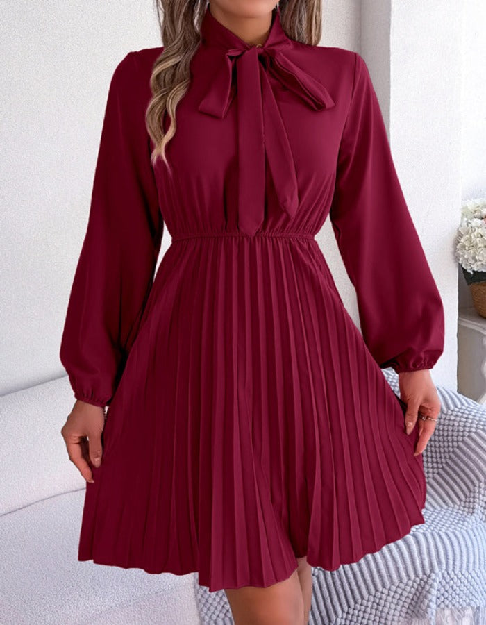 SHOPIQAT Autumn and Winter Temperament Tie Waist Long Sleeve Pleated Skirt - Premium Dresses from shopiqat - Just $8.900! Shop now at shopiqat