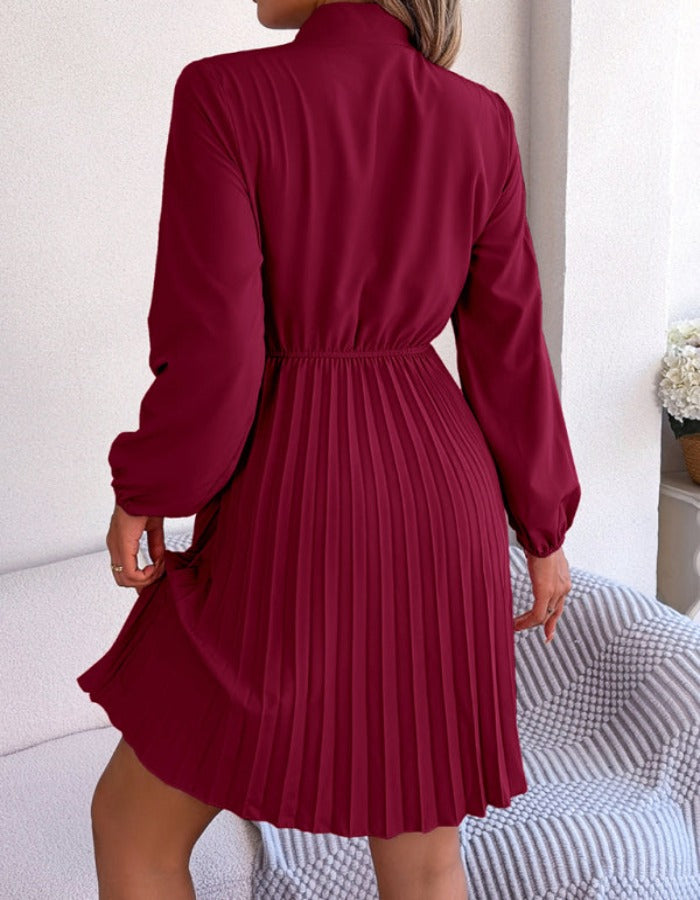 SHOPIQAT Autumn and Winter Temperament Tie Waist Long Sleeve Pleated Skirt - Premium Dresses from shopiqat - Just $8.900! Shop now at shopiqat