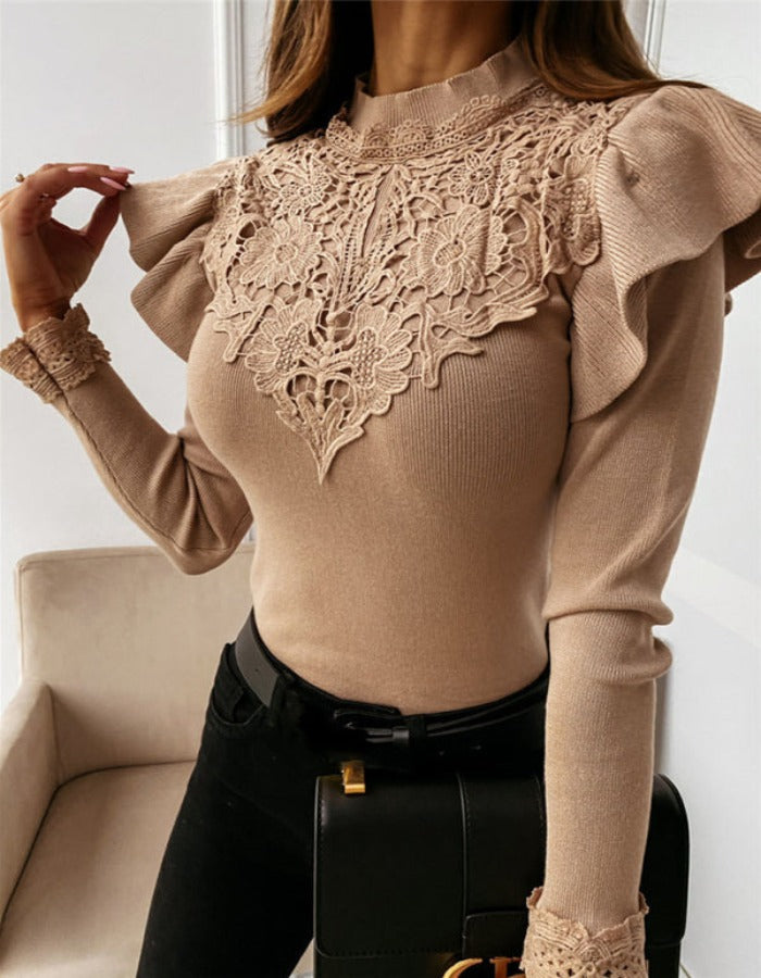 SHOPIQAT Women's Long Sleeve Round Neck Lace Bottoming Knitted Top - Premium  from shopiqat - Just $7.400! Shop now at shopiqat