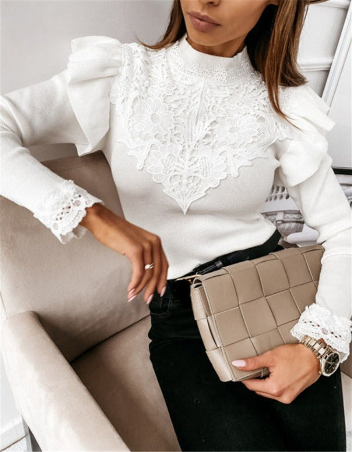 SHOPIQAT Women's Long Sleeve Round Neck Lace Bottoming Knitted Top - Premium  from shopiqat - Just $7.400! Shop now at shopiqat