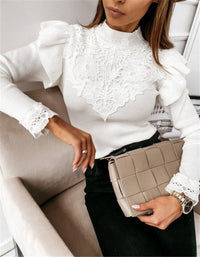 SHOPIQAT Women's Long Sleeve Round Neck Lace Bottoming Knitted Top - Premium  from shopiqat - Just $7.400! Shop now at shopiqat