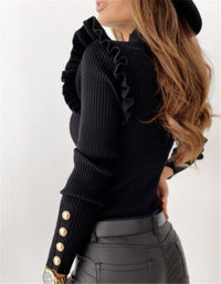SHOPIQAT Women's Ruffled Long Sleeve Button Bottoming Knitted Top - Premium  from shopiqat - Just $6.990! Shop now at shopiqat