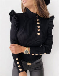 SHOPIQAT Women's Ruffled Long Sleeve Button Bottoming Knitted Top - Premium  from shopiqat - Just $6.990! Shop now at shopiqat