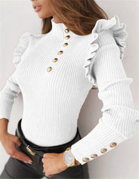 SHOPIQAT Women's Ruffled Long Sleeve Button Bottoming Knitted Top - Premium  from shopiqat - Just $6.990! Shop now at shopiqat