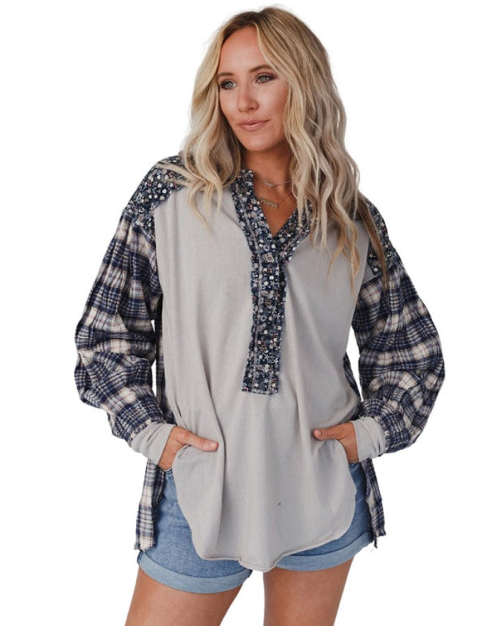SHOPIQAT Women's Round Neck Plaid Printed Loose Long Sleeve Top - Premium  from shopiqat - Just $11.400! Shop now at shopiqat
