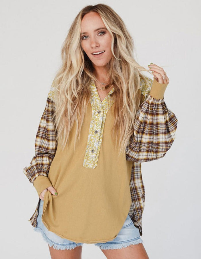SHOPIQAT Women's Round Neck Plaid Printed Loose Long Sleeve Top - Premium  from shopiqat - Just $11.400! Shop now at shopiqat